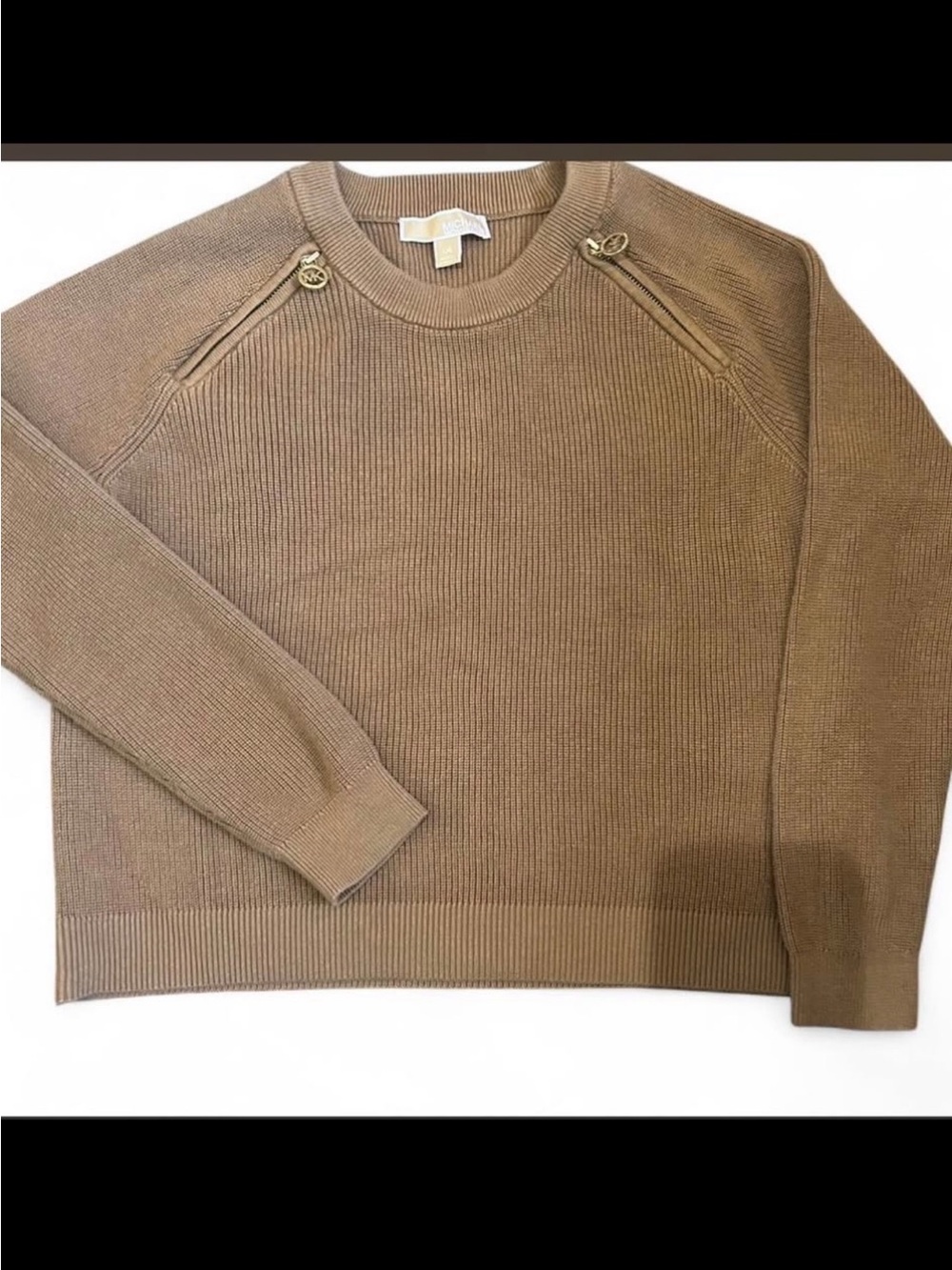 Michael Kors Ribbed Crewneck Sweater with Logo Zip Accents - Brown large